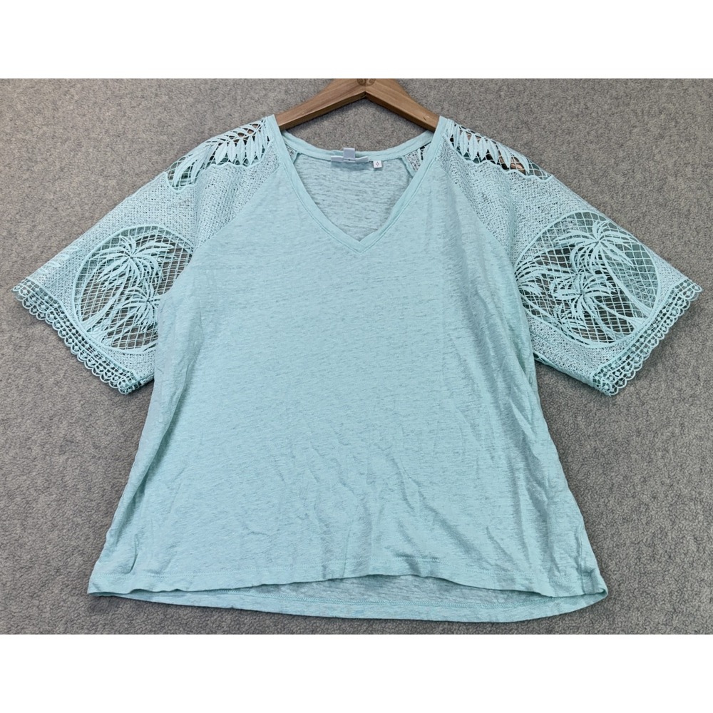 Chico's Womens Linen Crochet Short Sleeve Tee Blue Classic Fit V-Neck 2 US L